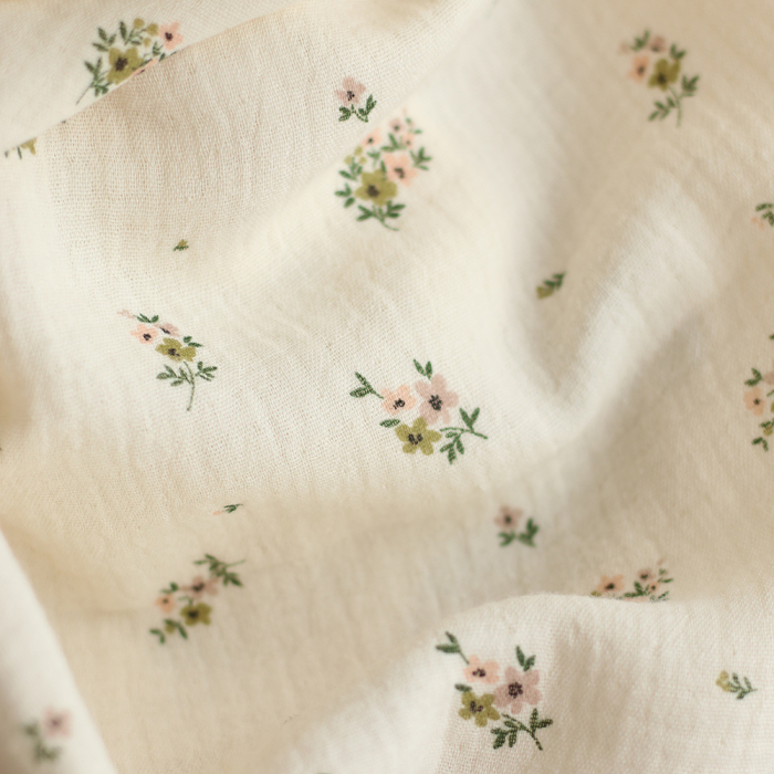 Laure - Double gaze coton BIO motif exclusif fond écru vert olive