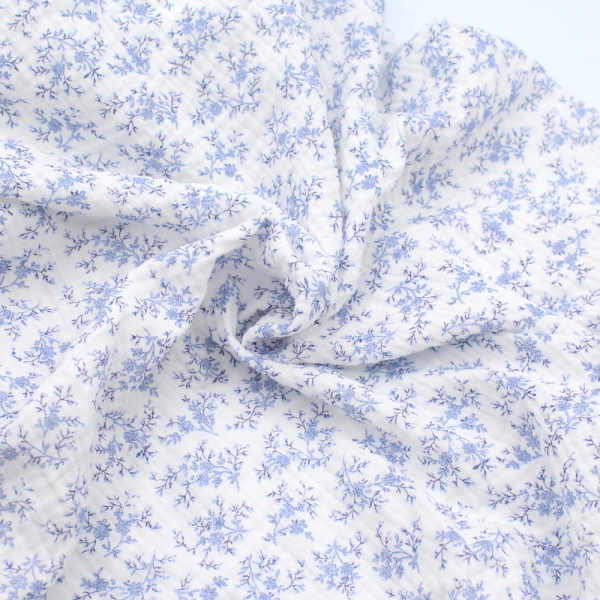 Meriem - Double gaze de coton BIO motif exclusif Bleu faïence Tissus issus de l'agriculture biologique  - 1 2