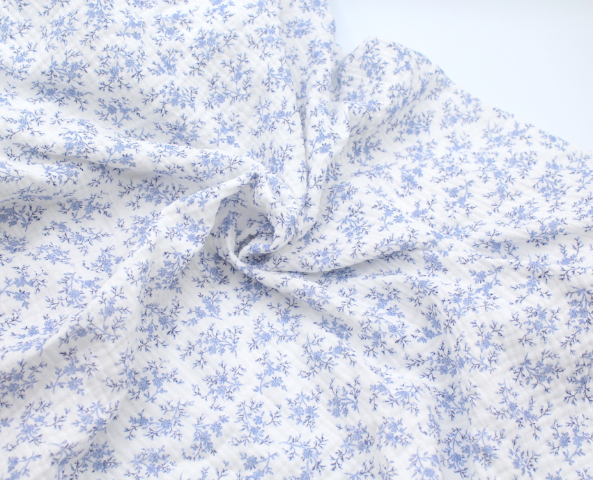 Meriem - Double gaze de coton BIO motif exclusif Bleu faïence Tissus issus de l'agriculture biologique  - 4