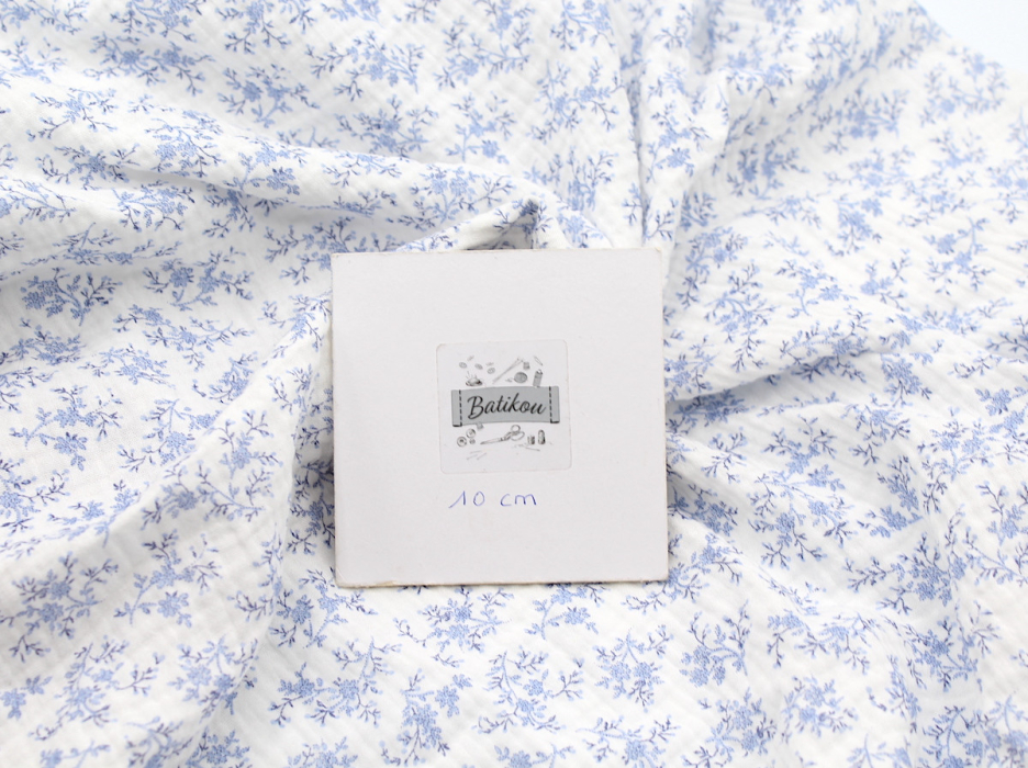 Meriem - Double gaze de coton BIO motif exclusif Bleu faïence Tissus issus de l'agriculture biologique  - 5