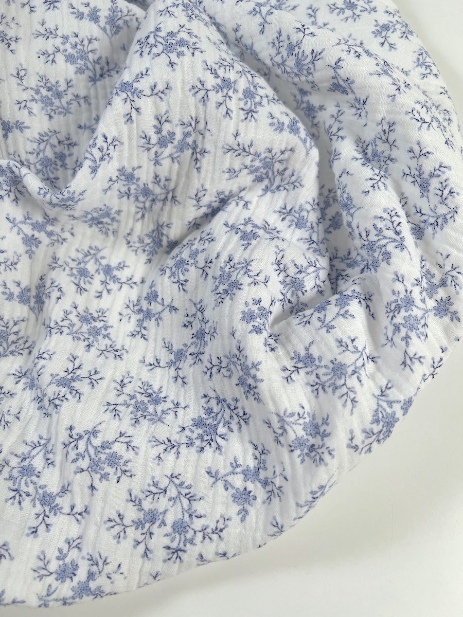 Meriem - Double gaze de coton BIO motif exclusif Bleu faïence Tissus issus de l'agriculture biologique  - 7