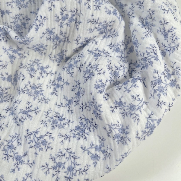 Meriem - Double gaze de coton BIO motif exclusif Bleu faïence Tissus issus de l'agriculture biologique  - 1