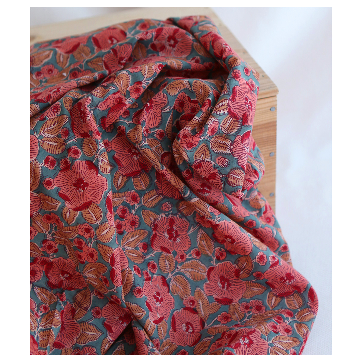 Sahar - Tissu indien coton hand block traditionnel Teal