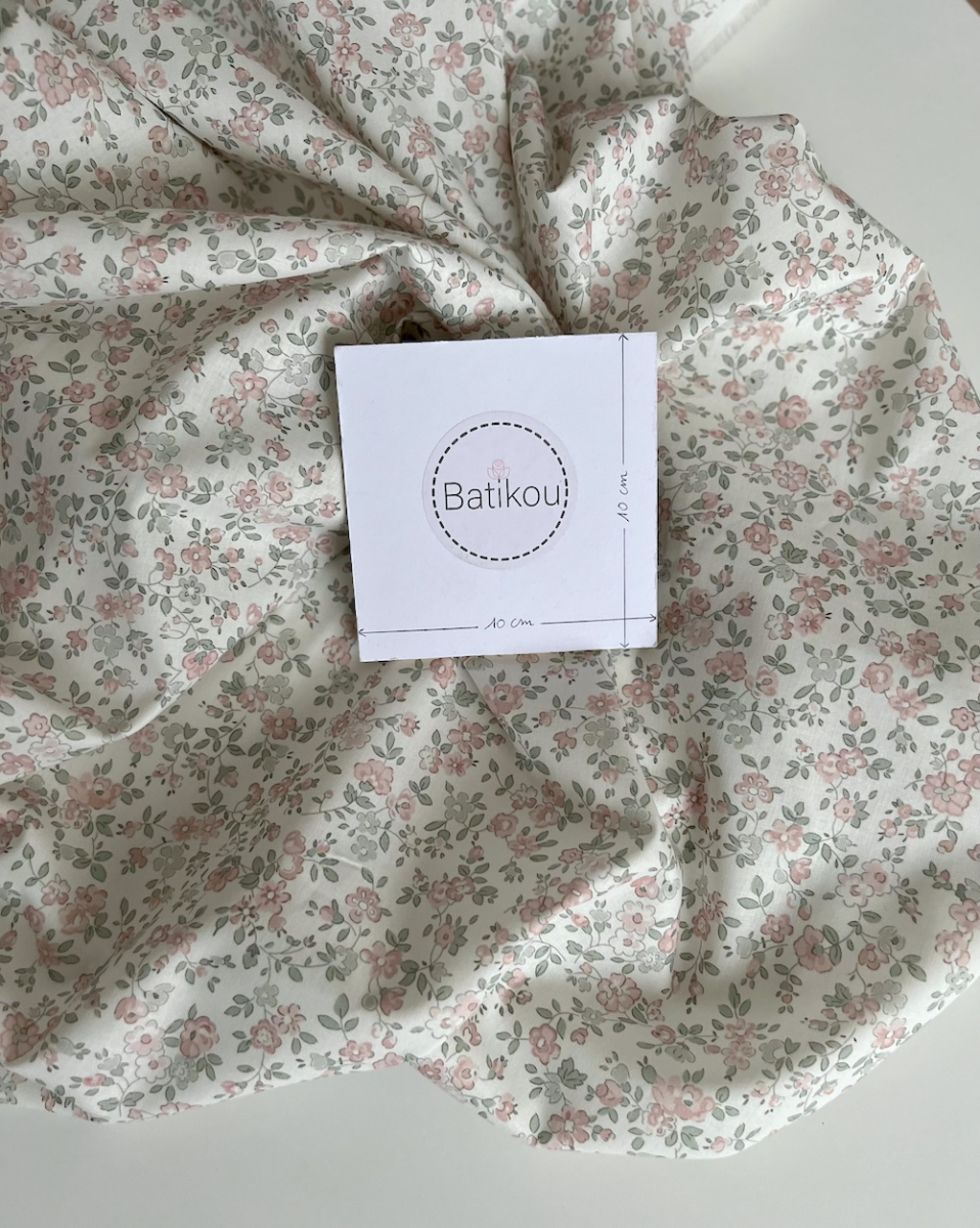 June - Popeline de coton douce BIO imprimé fleuri vert sauge et rose Tissus issus de l'agriculture biologique  - 6