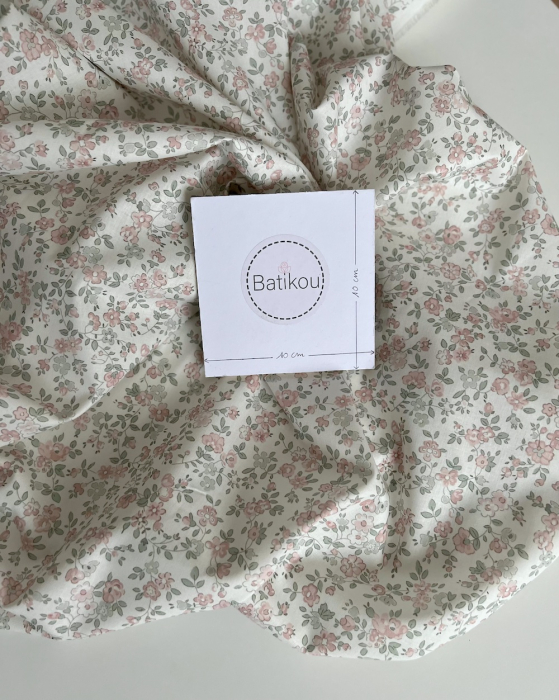 June - Popeline de coton douce BIO imprimé fleuri vert sauge et rose Tissus issus de l'agriculture biologique  - 6