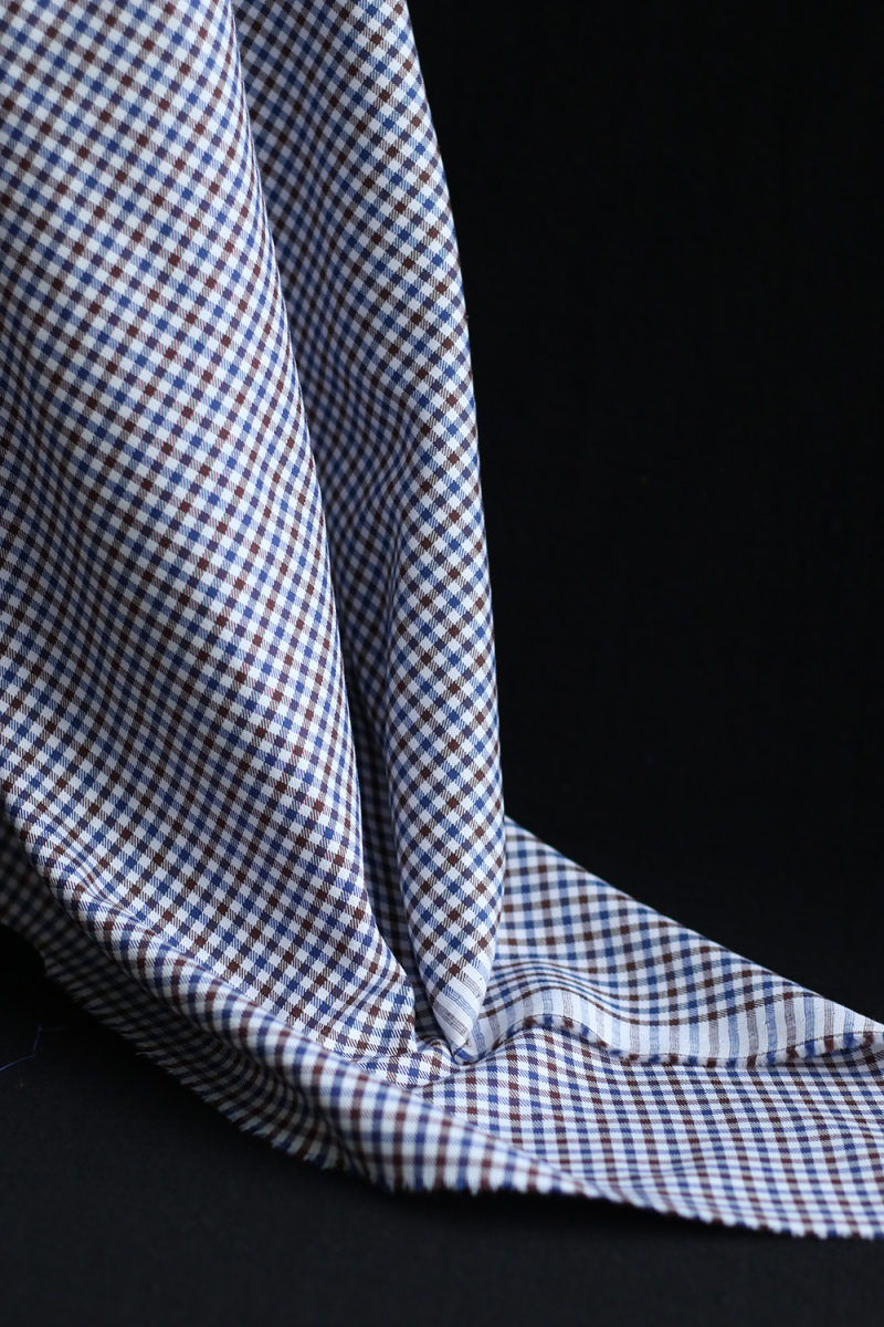 Archie - Coton gratté organique petit vichy chocolat et bleu