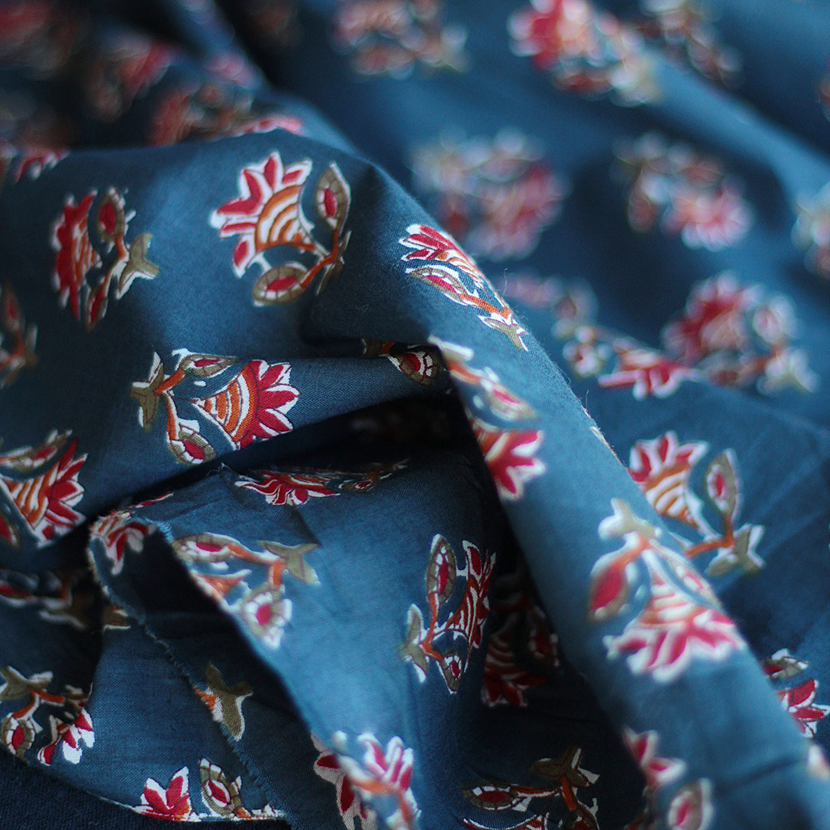 Tissu indien coton hand block traditionnel bleu marine Batikou - 5