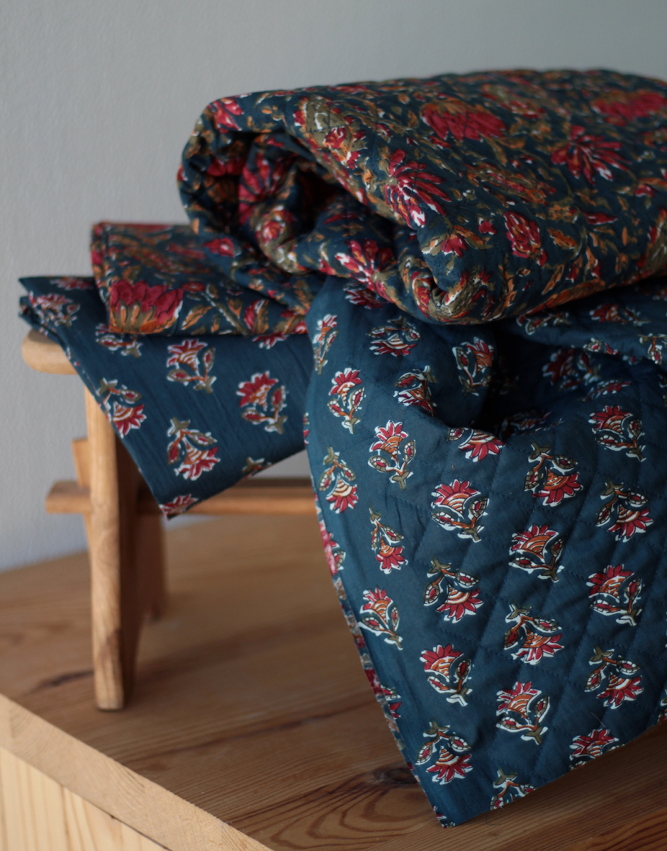 Tissu indien coton hand block traditionnel bleu marine Batikou - 9