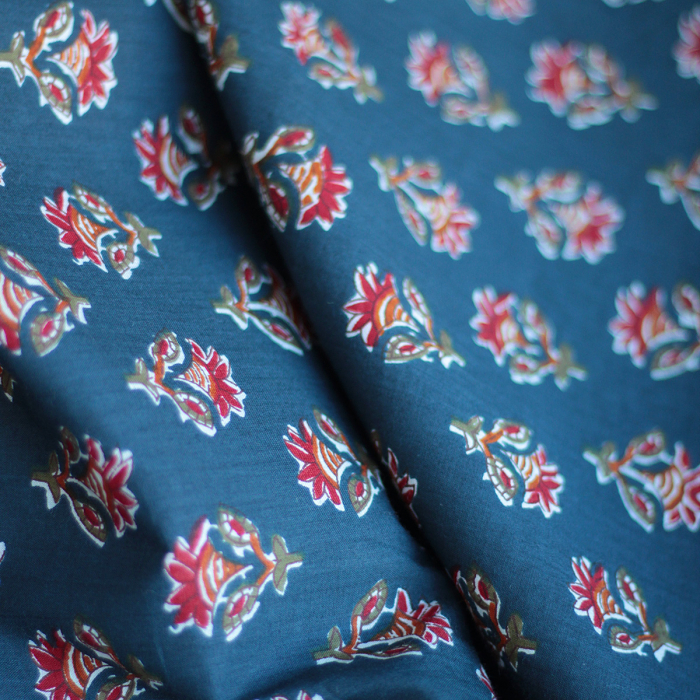 Tissu indien coton hand block traditionnel bleu marine Batikou - 1
