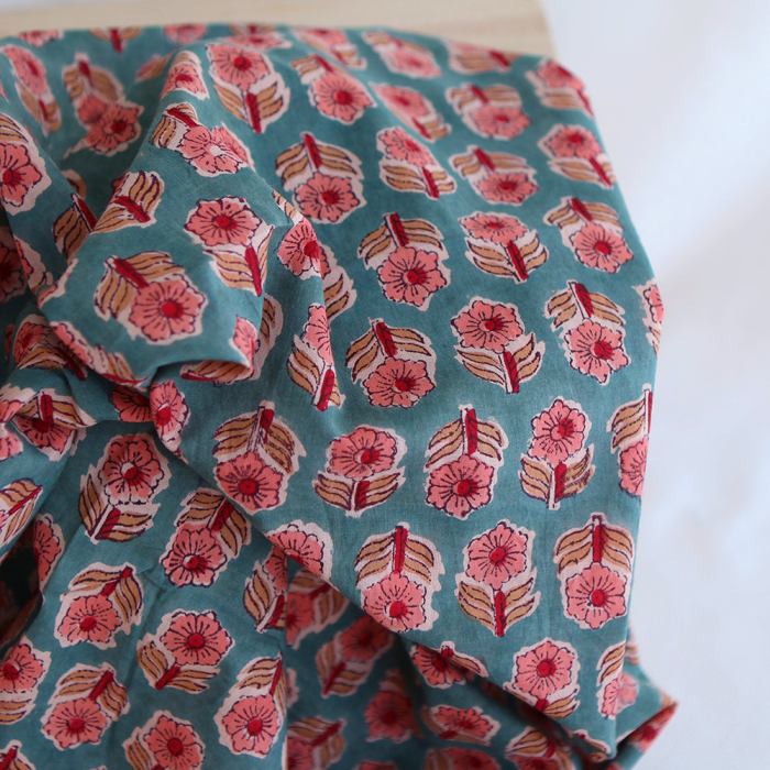 Sahar B - Tissu indien coton hand block traditionnel Teal