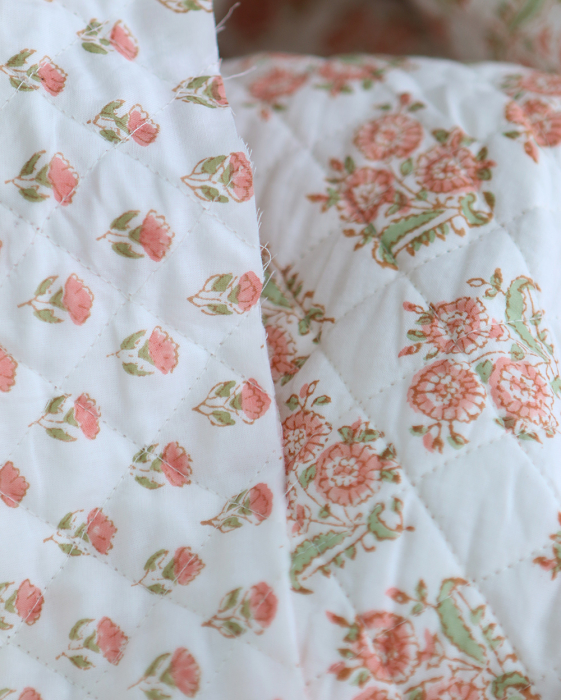 Anika - Tissu indien matelassé double face coton hand block teal largeur 100cm