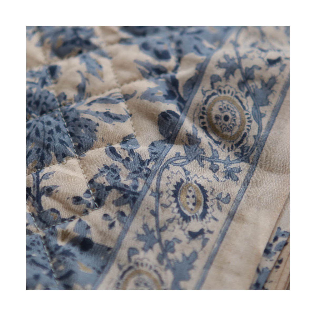 Anjali bleu - Tissu indien matelassé double face coton hand block largeur 100cm