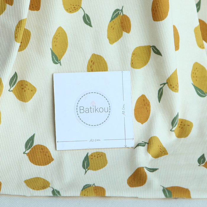 Jersey coton côtes fines à motif citrons jaunes