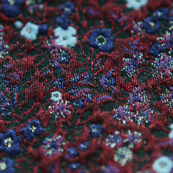 Azalée - Tissu jacquard fond rouge / fleuri bleu et doré made in France