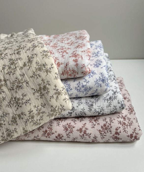 Meriem - Double gaze de coton BIO exclusif blanc à motifs fleuris gris Tissus issus de l'agriculture biologique  - 10