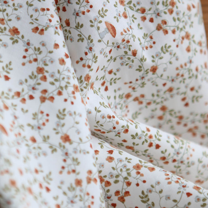 Plume - Tissu sergé de coton imprimé fleuri et oiseaux roux