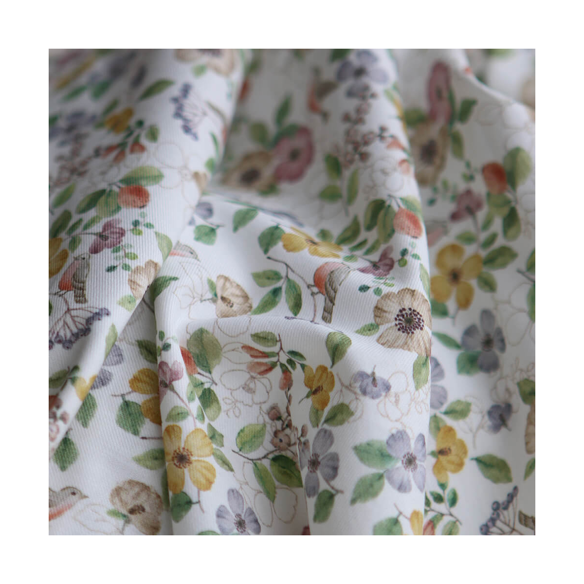 Airelle - Tissu sergé de coton imprimé fleuri et oiseaux