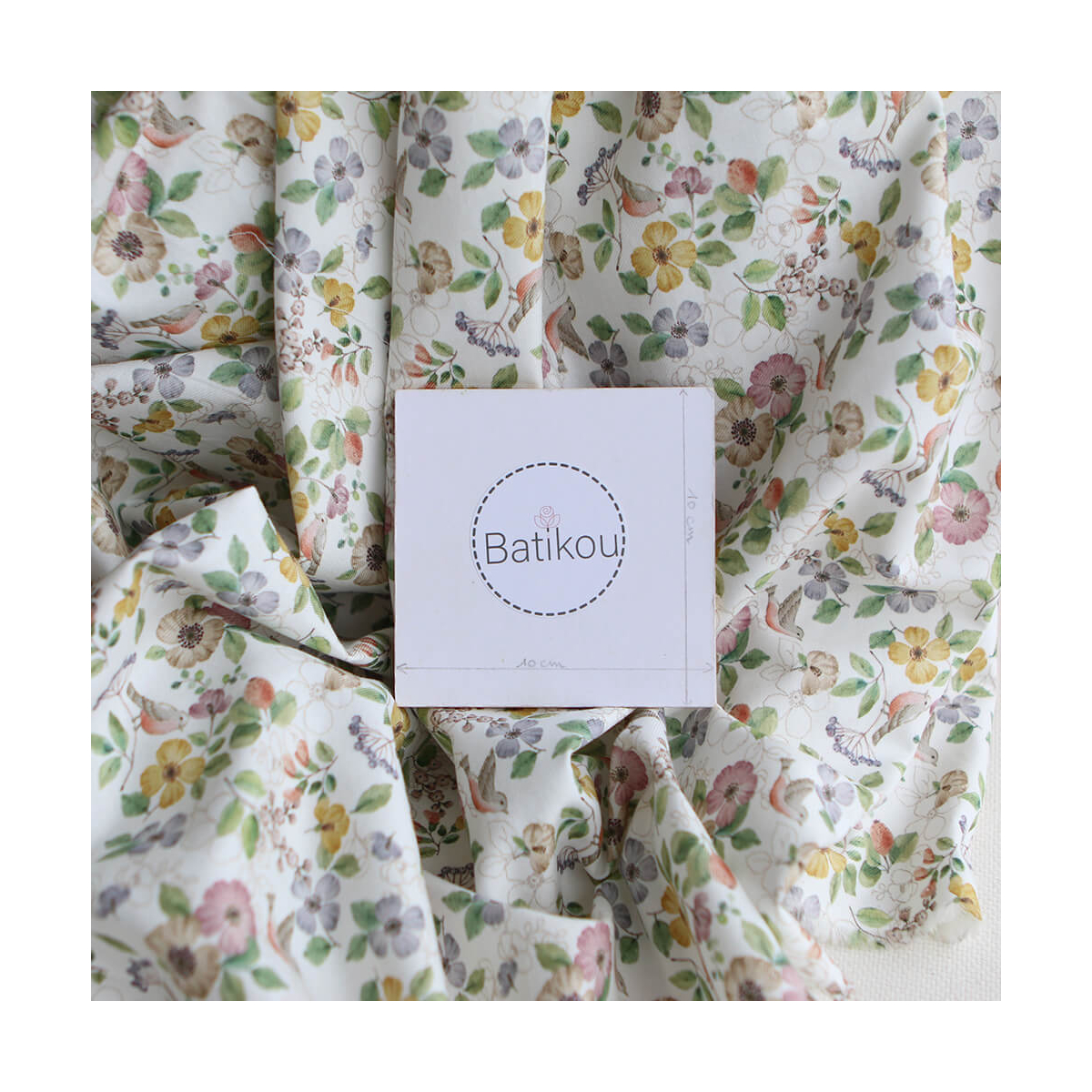 Airelle - Tissu sergé de coton imprimé fleuri et oiseaux