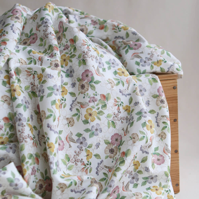 Airelle - Tissu sergé de coton imprimé fleuri et oiseaux