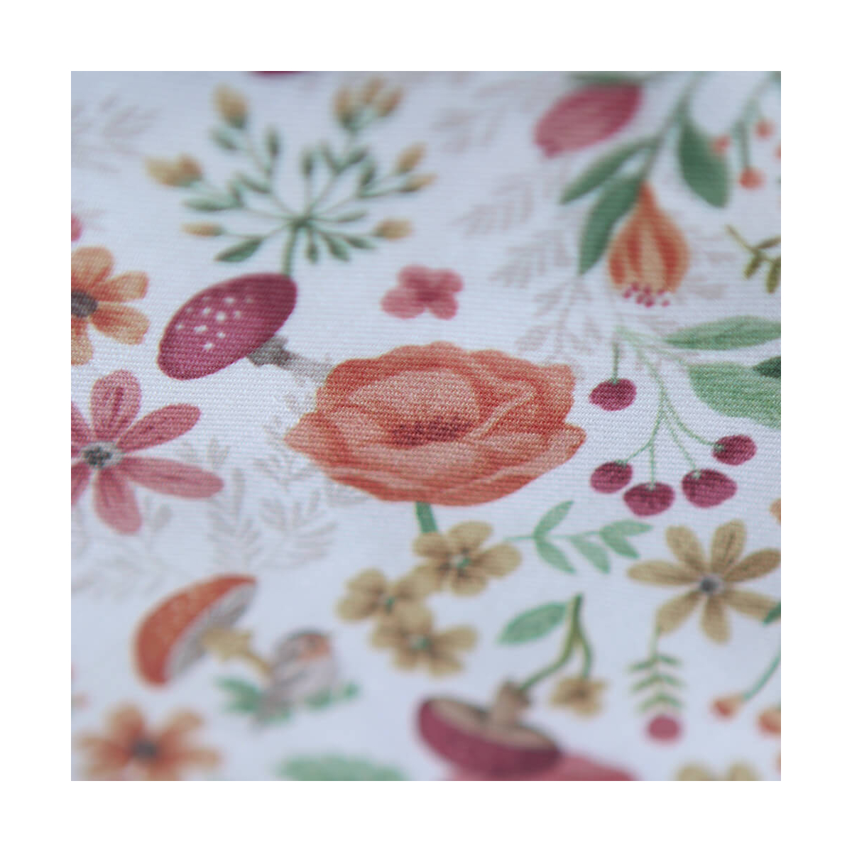 Tissu twill sergé coton organique imprimé fleuri hérissons bordeaux