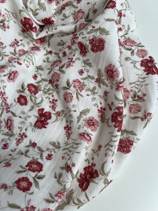 Romy - Double gaze de coton BIO blanc motif pourpre et vert Tissus issus de l'agriculture biologique  - 8