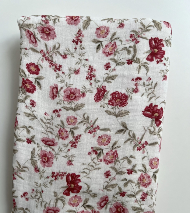 Romy - Double gaze de coton BIO blanc motif pourpre et vert Tissus issus de l'agriculture biologique  - 10