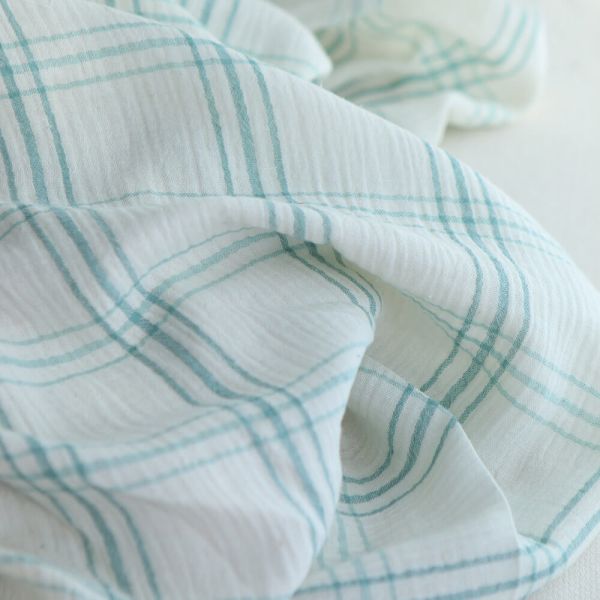 Double gaze de coton ivoire carreaux aqua