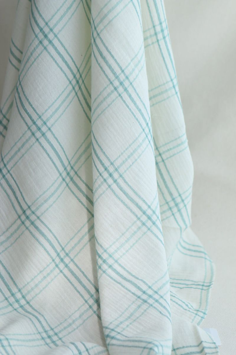 Double gaze de coton ivoire carreaux aqua
