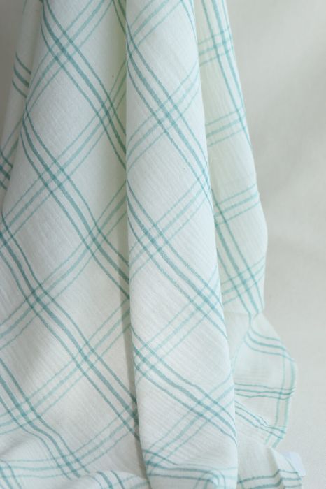 Double gaze de coton ivoire carreaux aqua