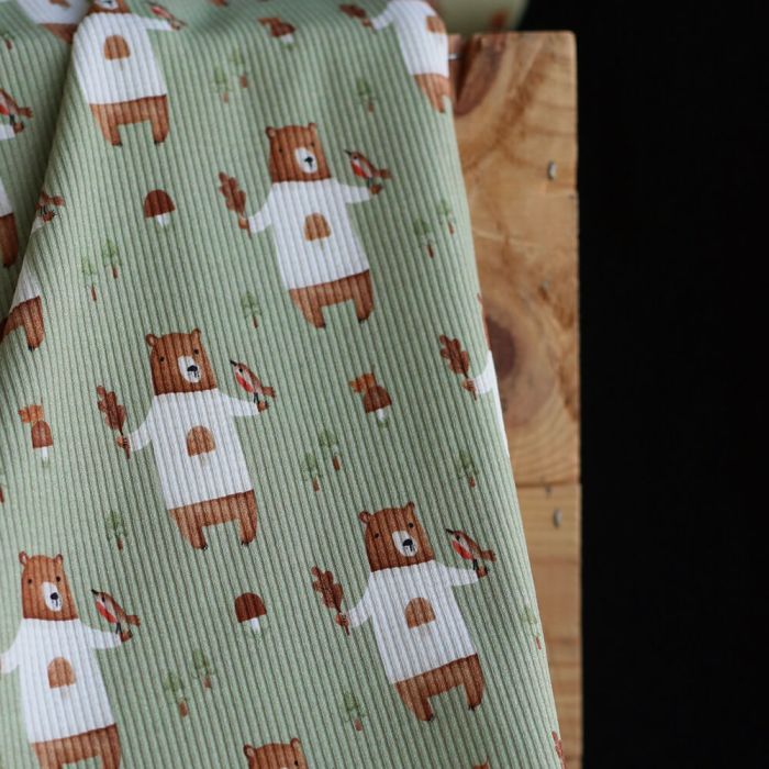 Jersey coton côtes fines à motifs petits ours de la forêt fond vert sauge