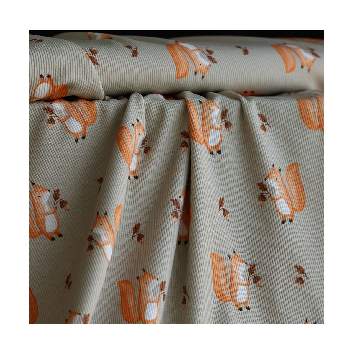 Jersey coton côtes fines à motifs petits écureuils de la forêt fond beige grège