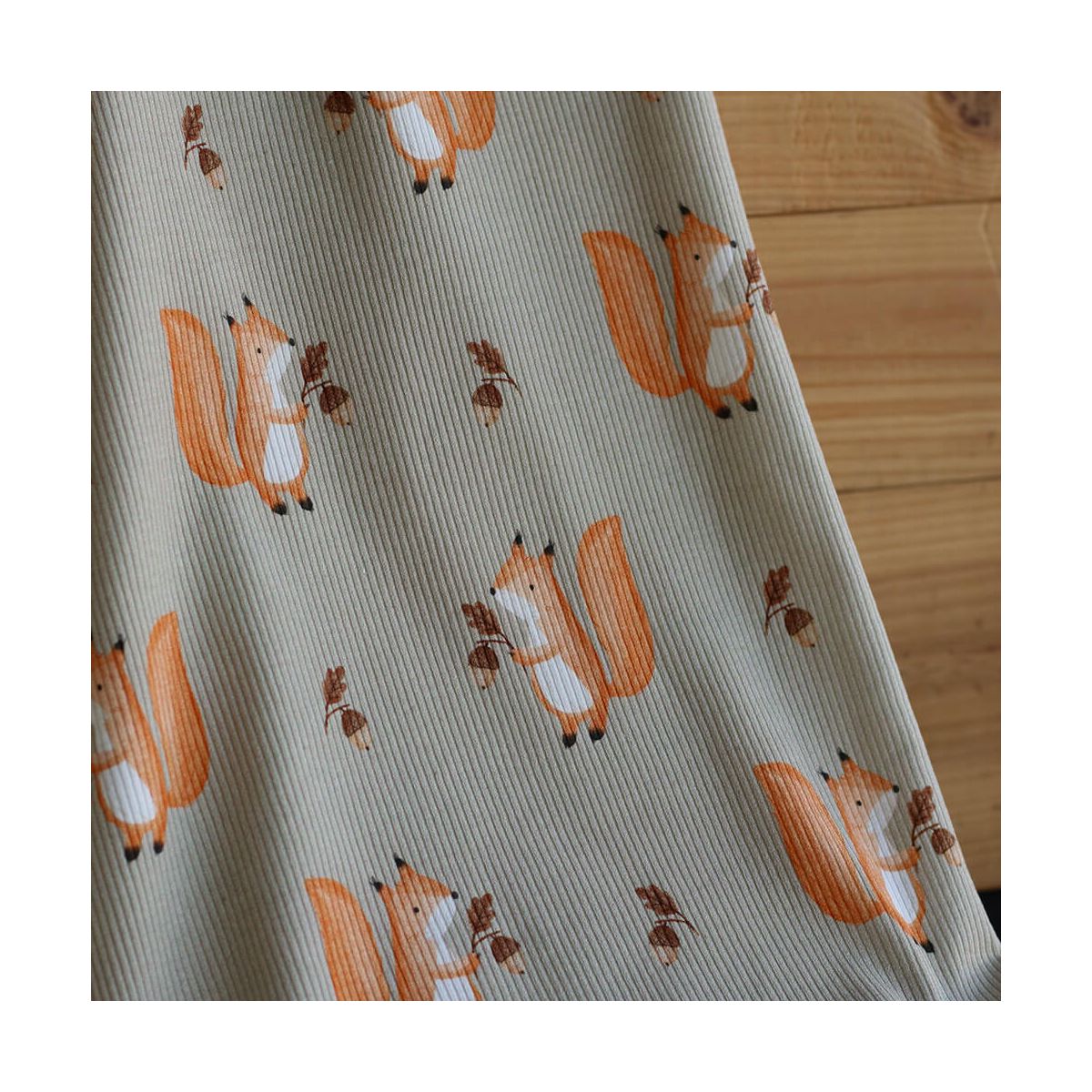 Jersey coton côtes fines à motifs petits écureuils de la forêt fond beige grège