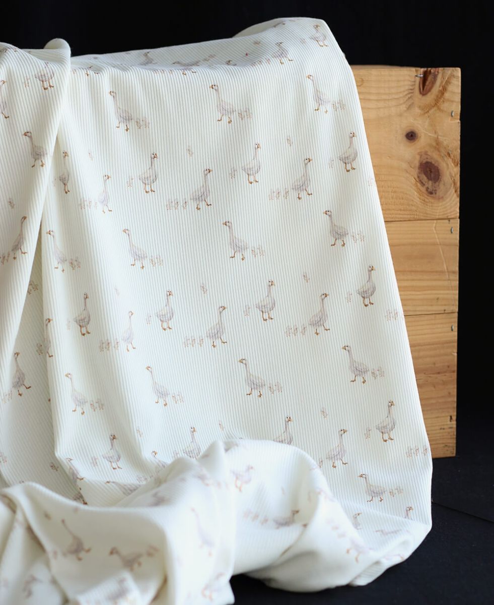 Jersey coton côtes fines à motifs petites oies fond lait