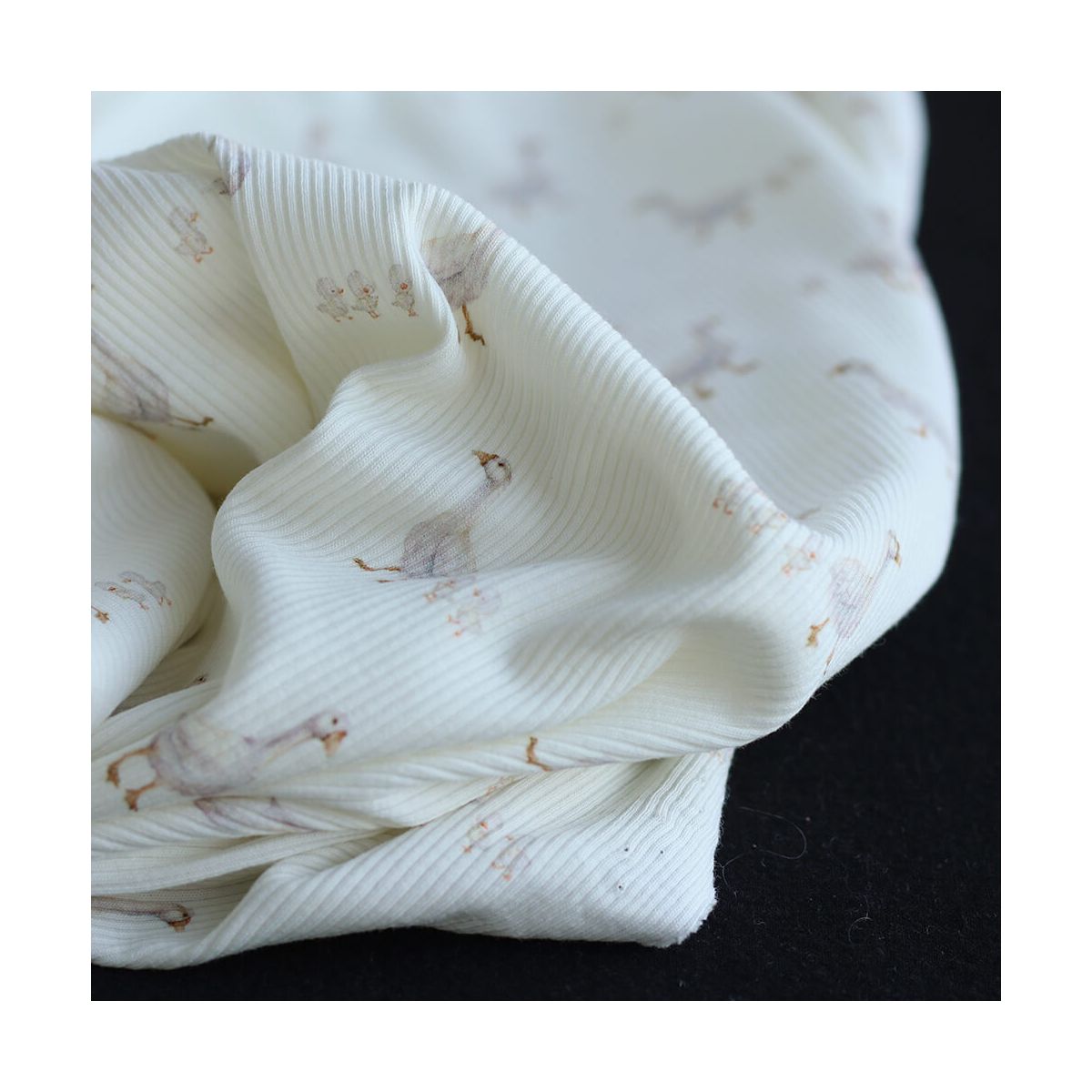 Jersey coton côtes fines à motifs petites oies fond lait