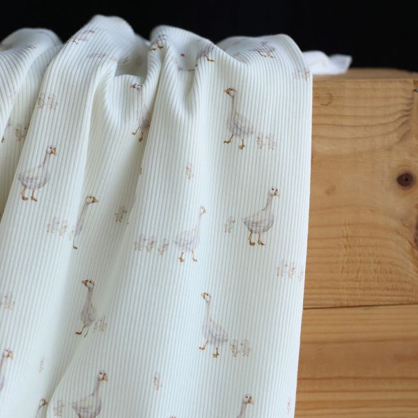 Jersey coton côtes fines à motifs petites oies fond lait