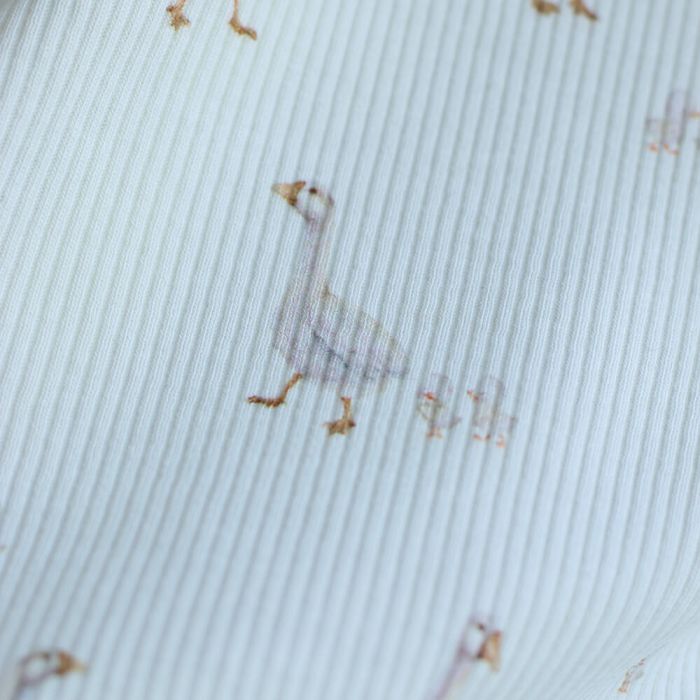 Jersey coton côtes fines à motifs petites oies fond lait