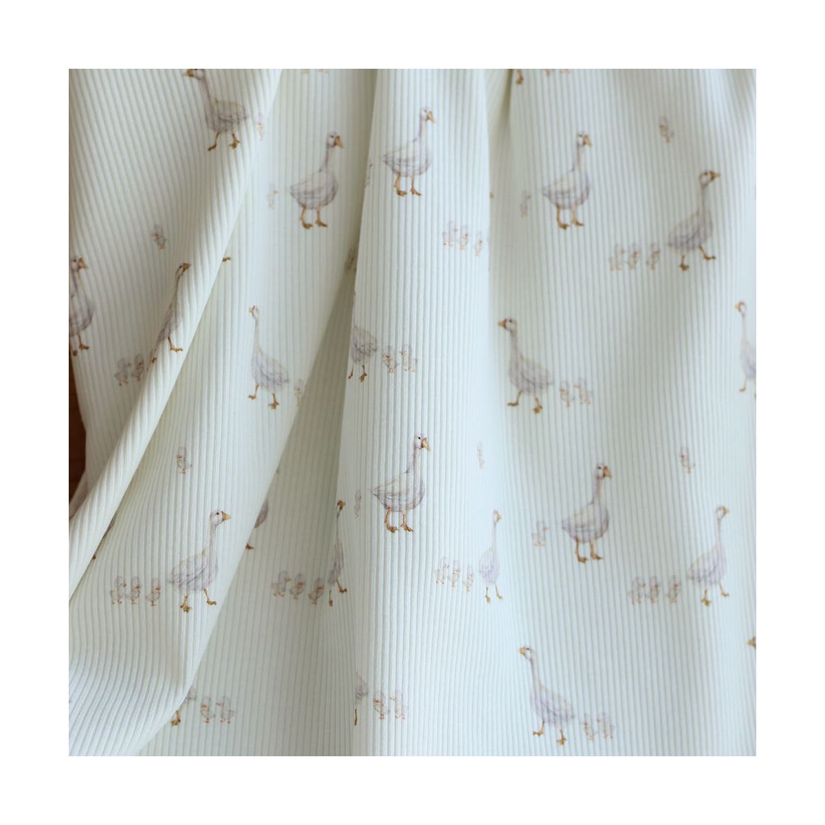 Jersey coton côtes fines à motifs petites oies fond lait