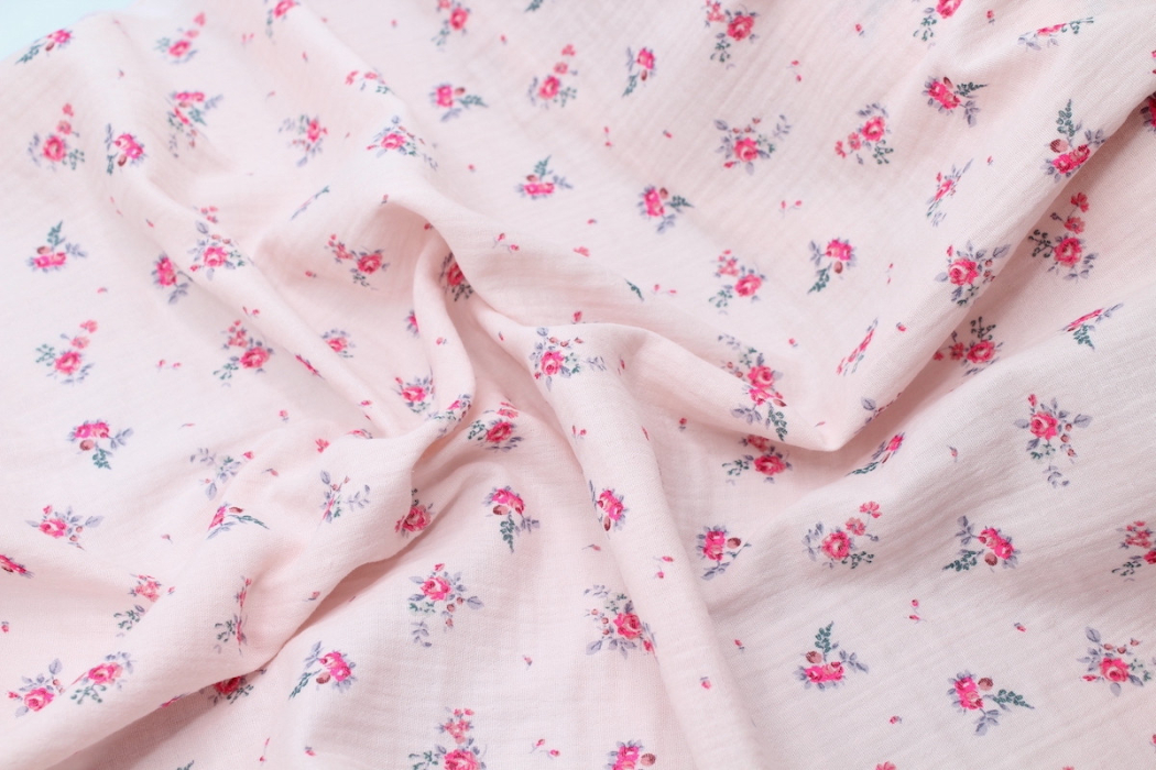 Salomé - Double gaze de coton BIO exclusif rose poudré à motifs