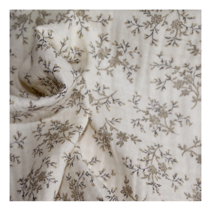 Meriem - Double gaze de coton BIO écru à motifs fleuris