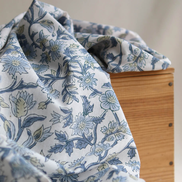 Tara Tissu Indien gris bleu Coton - Impression Artisanal Hand Block