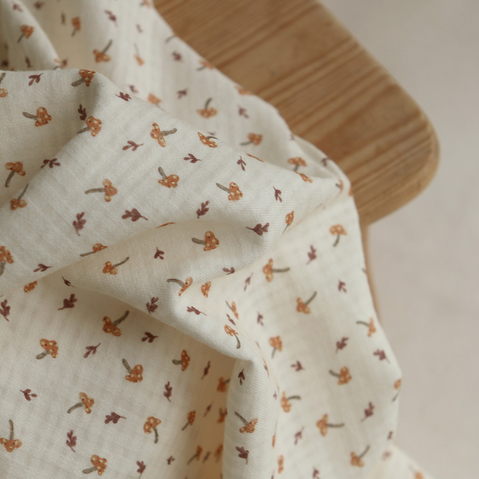 Mario - Seersucker / Coton gaufré doux fond écru champignons cuivre