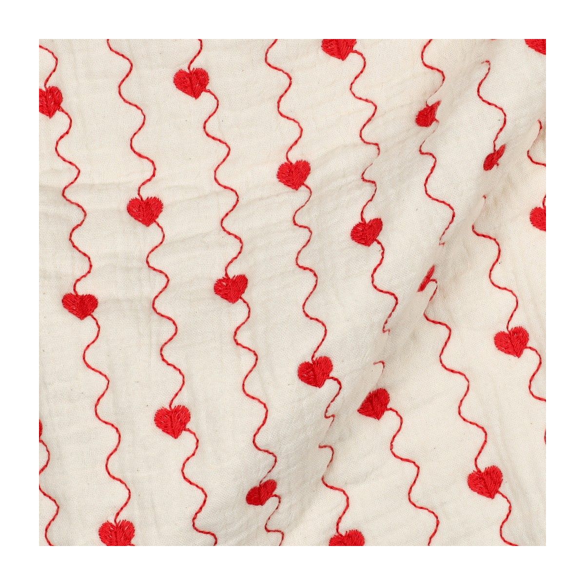 Carina - Matelassé double gaze de coton broderies coeurs rouges