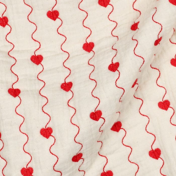 Carina - Matelassé double gaze de coton broderies coeurs rouges