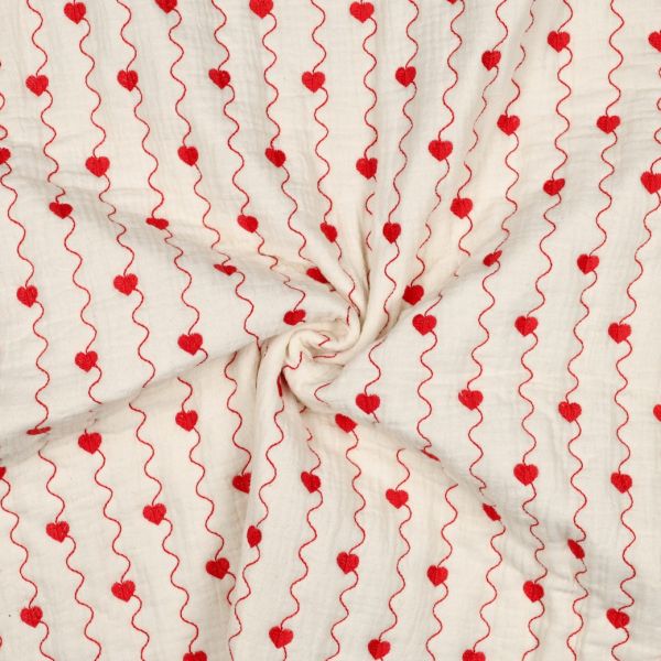 Carina - Matelassé double gaze de coton broderies coeurs rouges