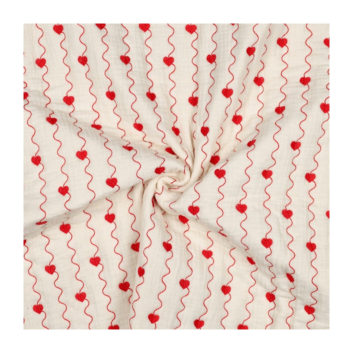 Carina - Matelassé double gaze de coton broderies coeurs rouges
