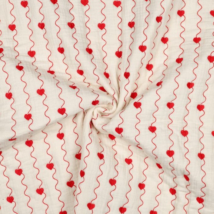 Carina - Matelassé double gaze de coton broderies coeurs rouges