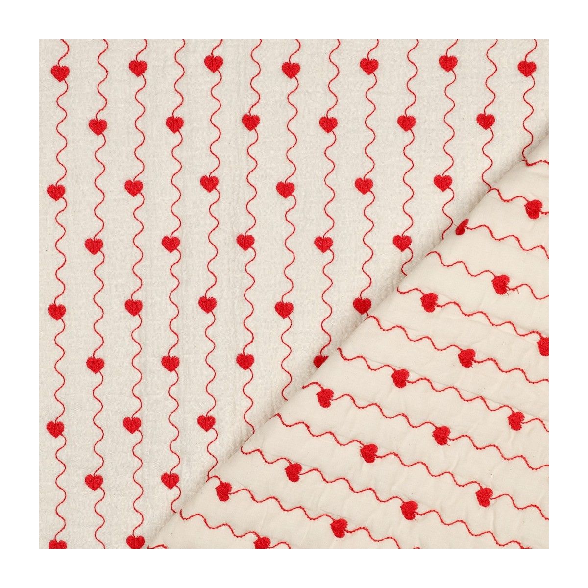 Carina - Matelassé double gaze de coton broderies coeurs rouges
