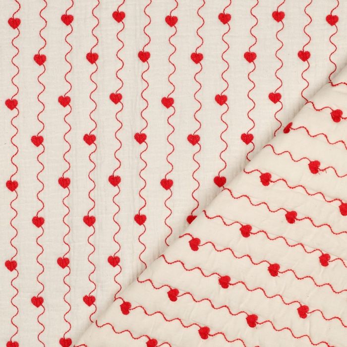 Carina - Matelassé double gaze de coton broderies coeurs rouges
