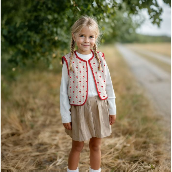 Carina - Matelassé double gaze de coton broderies coeurs rouges