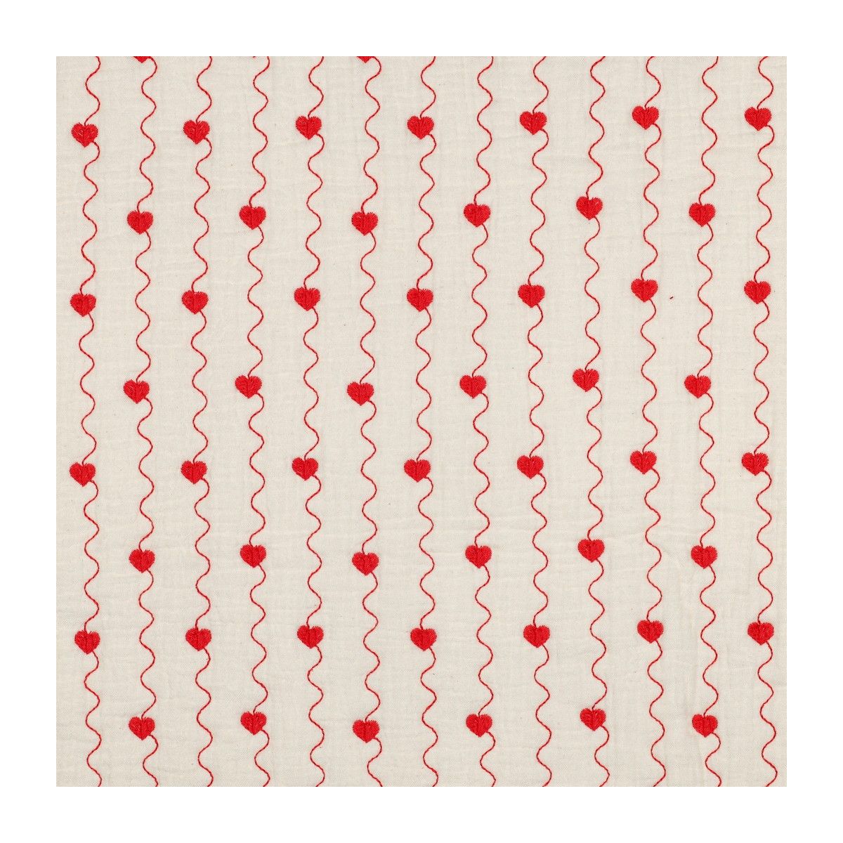 Carina - Matelassé double gaze de coton broderies coeurs rouges